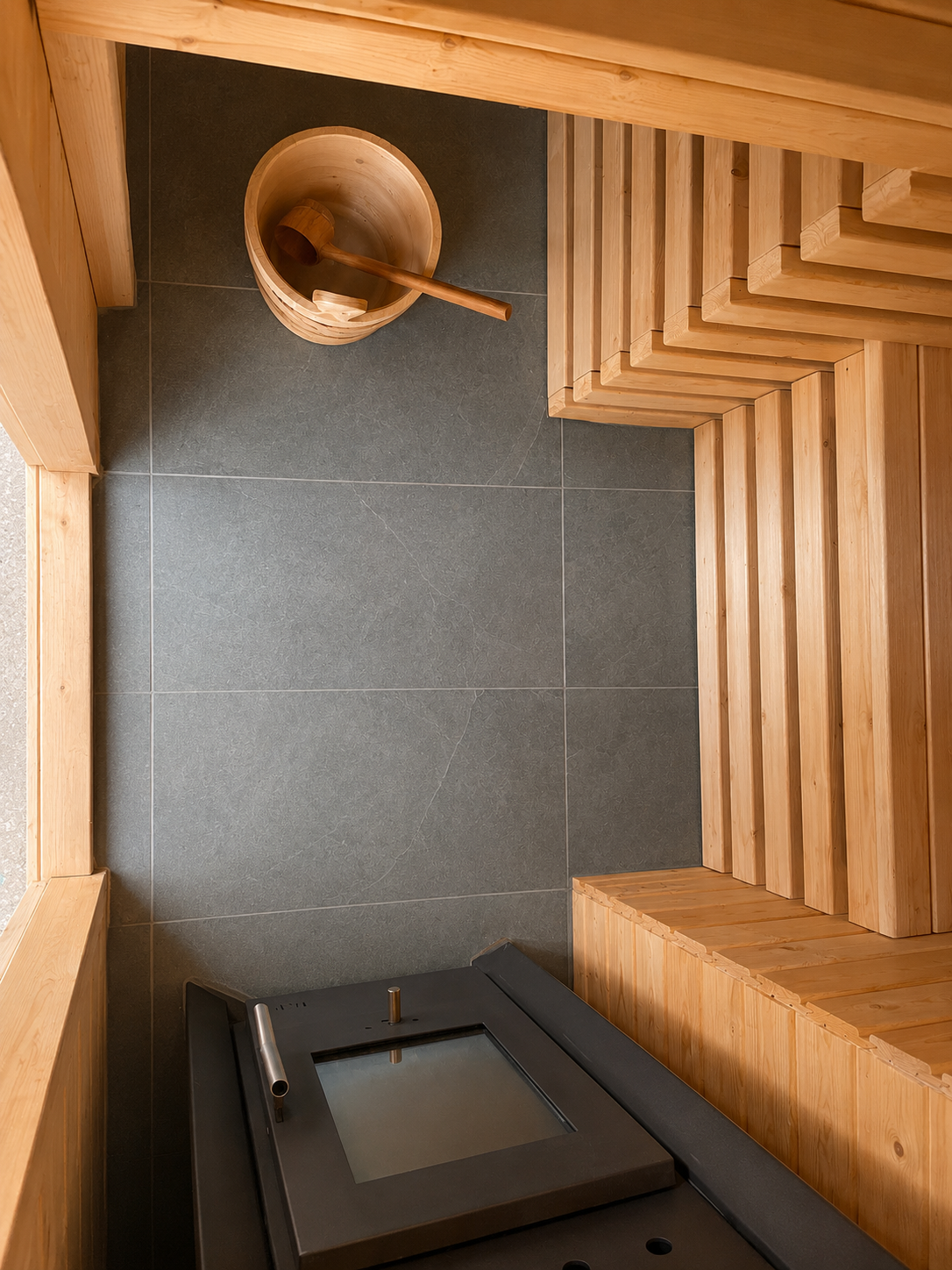 Detailansicht von Saunaofen und Holzausbau