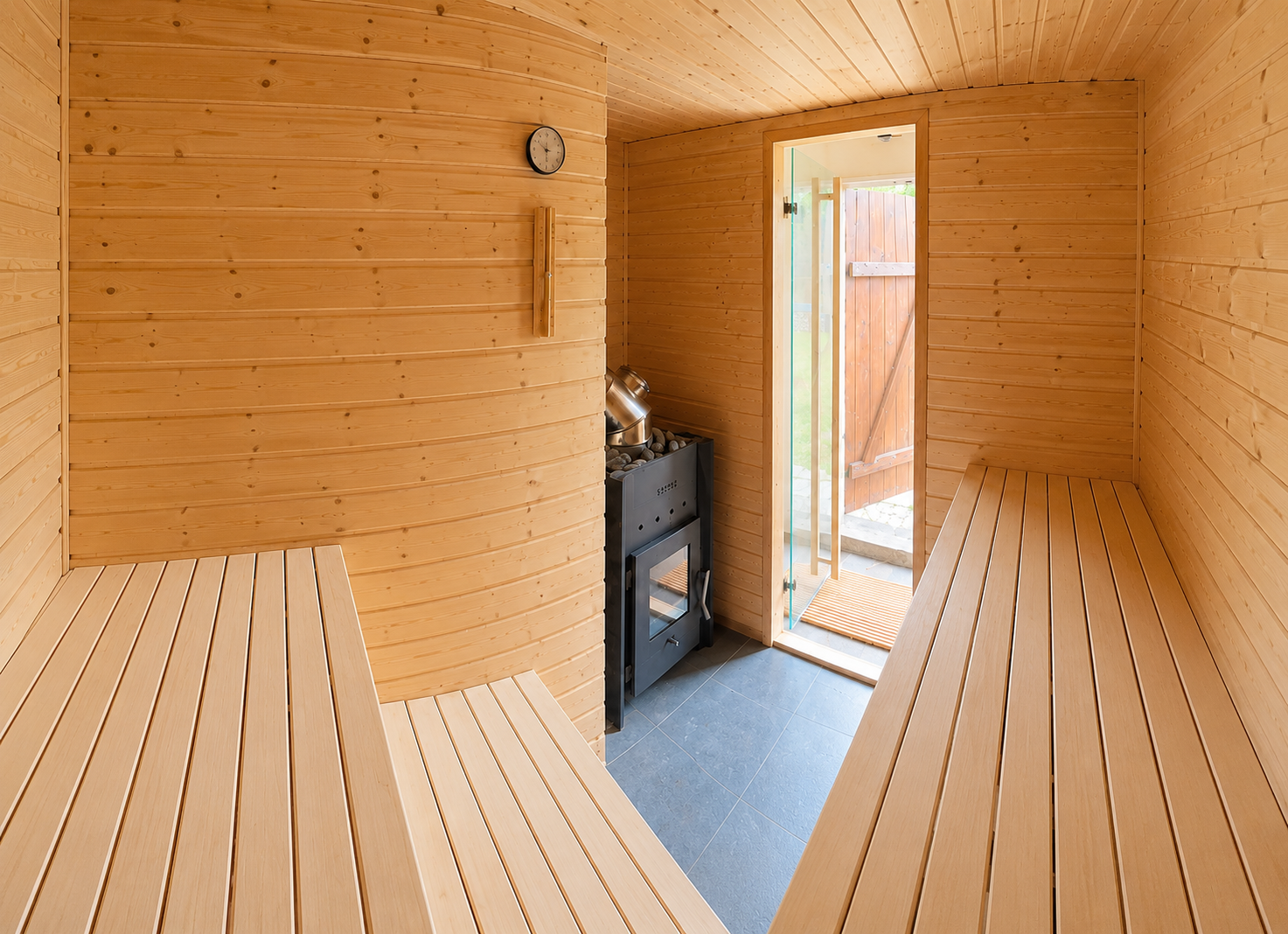 Innenansicht der individuell ausgebauten Sauna, Projekt Rheinsberg